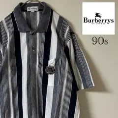 90s burberrys/ストライプ ポロシャツ/ネイビー×ホワイト