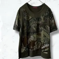2514＊カラバサ＊Tシャツ カーキ M-L 半袖 ビジュー ロゴ 一部柄
