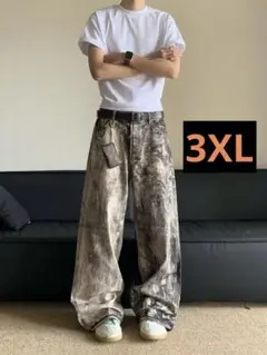ウォッシュドデニム　カモフラージュ 3XL バギーパンツ　ワイド　リアルツリー柄