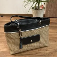 【極美品】ロンシャン 麻×レザー トートバッグ 希少 BLACK チャーム付き