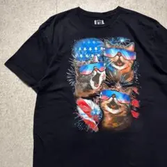 00s アニマルＴシャツ 猫 星条旗 ブラック ＸＸＬビッグシルエット