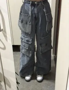 ダークブルー ワイドレッグ カーゴパンツ
