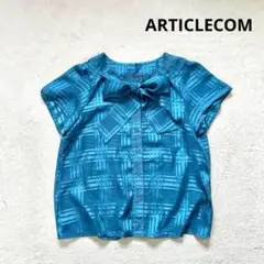 【ARTICLECOM】M リボン付き半袖ブラウスシャツ　　透け感　ブルー