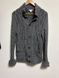 グレー ケーブルニット ショールカラーカーディガン