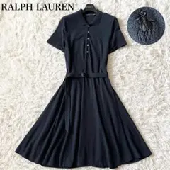 【美品✨】ラルフローレン　ロングワンピース　鹿の子　ベルト　Aライン　フレア　黒