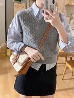 グレー ニットベスト Vネック