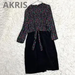 美品✨アクリス 長袖ワンピース 花柄 黒 サイズUS10(Ｌ)