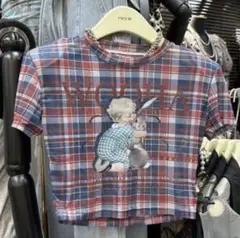 新品✨️赤ちゃんとうさぎ チェックシースルートップス 半袖 短丈 フェアリー