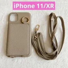 iPhone11 XR ケース 手帳型 肩掛け 縦置き リング 鏡 グレー
