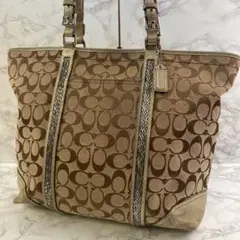 COACH コーチ シグネチャー ジャガード×本革 レザー トートバッグ