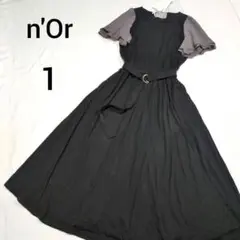 【未使用】ノアール 異素材切替フレアスリーブロングワンピース ベルト付き 黒