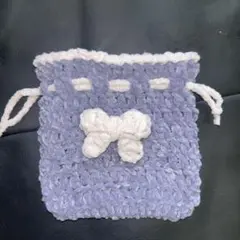 リボン　巾着　ポーチ　キラキラ　ハンドメイド　鍵編み　青