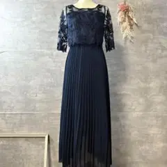 kana フラワー刺繍レース 切り替えプリーツロング パーティードレス　ネイビー