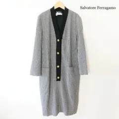 良品 サルヴァトーレフェラガモ 千鳥格子柄 ロング丈 長袖 ニット ワンピース