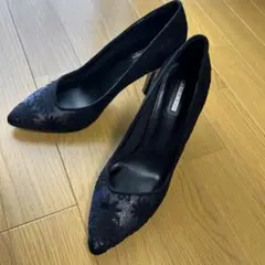 CLIMB パンプス　紺色　花柄刺繍　ラメ