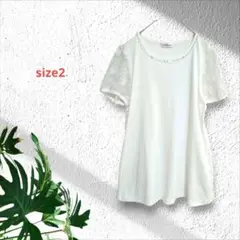 g255　ギャラリービスコンティ【2】Tシャツ/カットソー/白/ビーズ/袖レース