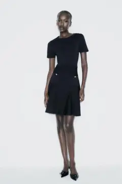 ZARA ボックスプリーツ ニット ミニワンピース 完売品 ZARA ボックスプリーツニットミニワンピースネイビー L