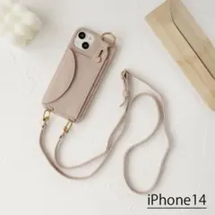 iPhone14 ケース　くすみピンク　ショルダーストラップ付