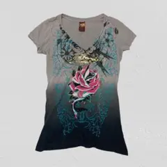 donedhardy♡ビッグプリントVネックTシャツ グラデーション　L