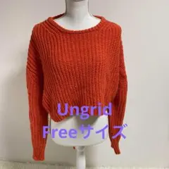 オレンジ クロップドニットセーター 長袖トップスカジュアル0644
