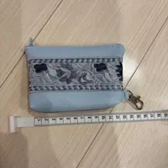 水色 刺繍入りコインケース　手縫い