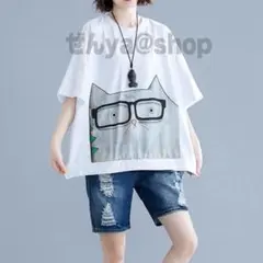 A365　オリジナル猫イラスト　プリントTシャツ　フリーサイズ　ホワイト
