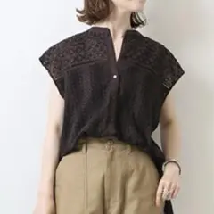 Spick&Span ブロイダーレース フレンチ スリーブ ブラウス ブラウン