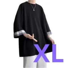 オーバーサイズ 黒 長袖カットソー チェック柄袖 XL おしゃれ