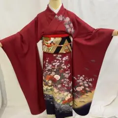 【振袖34】着物 振袖 正絹 袷 着物 桜 花車 ぼたん 水仙・菊 単品販売