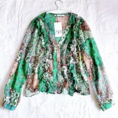 ZARA 新品タグ付き長袖Vネックシャツ　パッチワーク　フリル　透け感あり　M