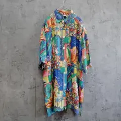 USED 90s アロハシャツ 総柄　ボタニカル　花柄　 幾何学　古着 　暖色