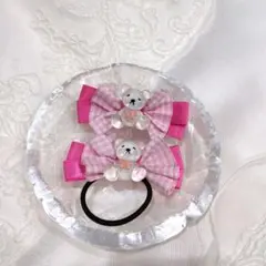 クマモチーフのピンクリボン ヘアゴム2個セット
