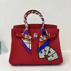 赤 レザー ハンドバッグ スカーフ付き