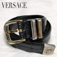 【良品】VERSACE クロコ型押し 2連 レザーベルト メデューサ ブラック