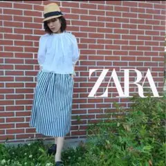 【ZARA】ザラ　ミモレ丈　ネイビー×ホワイト　ストライプ柄　フレアスカート
