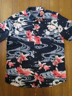 和柄 金魚 半袖シャツ 綿100% LLサイズ 中紺 和シリーズ