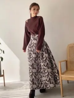 emverフラワージャガードフレアスカートニットセット