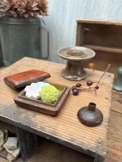 古道具 小物3点セット ミニ 漏瑚 木製小箱 フェイク菓子　珍品