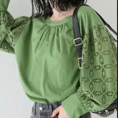 オリーブグリーン レーススリーブ シャツ 8分袖 M～L