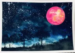 皆既月食　ピンクな月　水彩画　A5