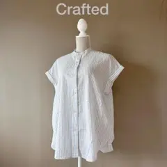 未使用品【Crafted】L　青白ストライプ　半袖ブラウス　バンドカラー夏シャツ