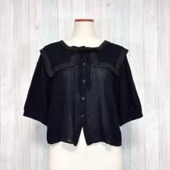 【Hudsonhoney】半袖 ブラウス トップス 羽織り ビックカラー 黒 L