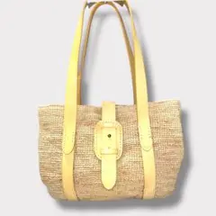 美品 genten かごバッグ ラフィア × レザー 捻りハンドル トート肩掛け 美品 genten かごバッグ ラフィア × レザー 捻りハンドル トート