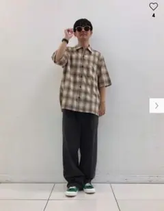 GU　オンブレチェックシャツ(５分袖)　S　オレンジ
