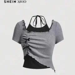 SHEIN フリル付き半袖トップス グレー/ブラック