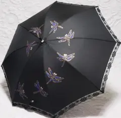 新品タグ付き【晴雨兼用 長傘】軽量 とんぼ柄 縁レース 雨傘 日傘 黒
