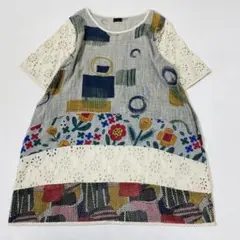 美品 遊民 磯崎切り替え チュニックプルオーバー カットワークレース 花柄