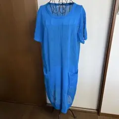 マツオインターナショナル　メッシュ素材 青 半袖 ロングワンピース