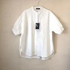 新品タグ付き　半袖　シャツブラウス　綿混　ホワイト　バンドカラー　レース