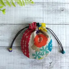 カラフル 北欧 鳥柄 花柄 水玉/レッドXターコイズ 綿麻＊まんまる巾着